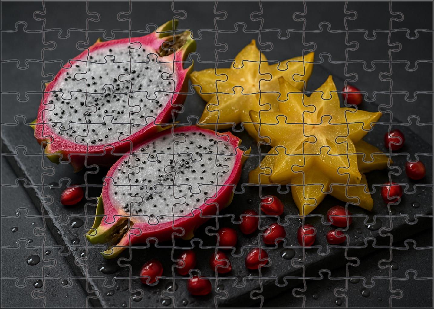 Exotic Fruit Fusion Dragon Fruit Starfruit And Pomegranate On Slate Board Premium Puzzle Pieces
