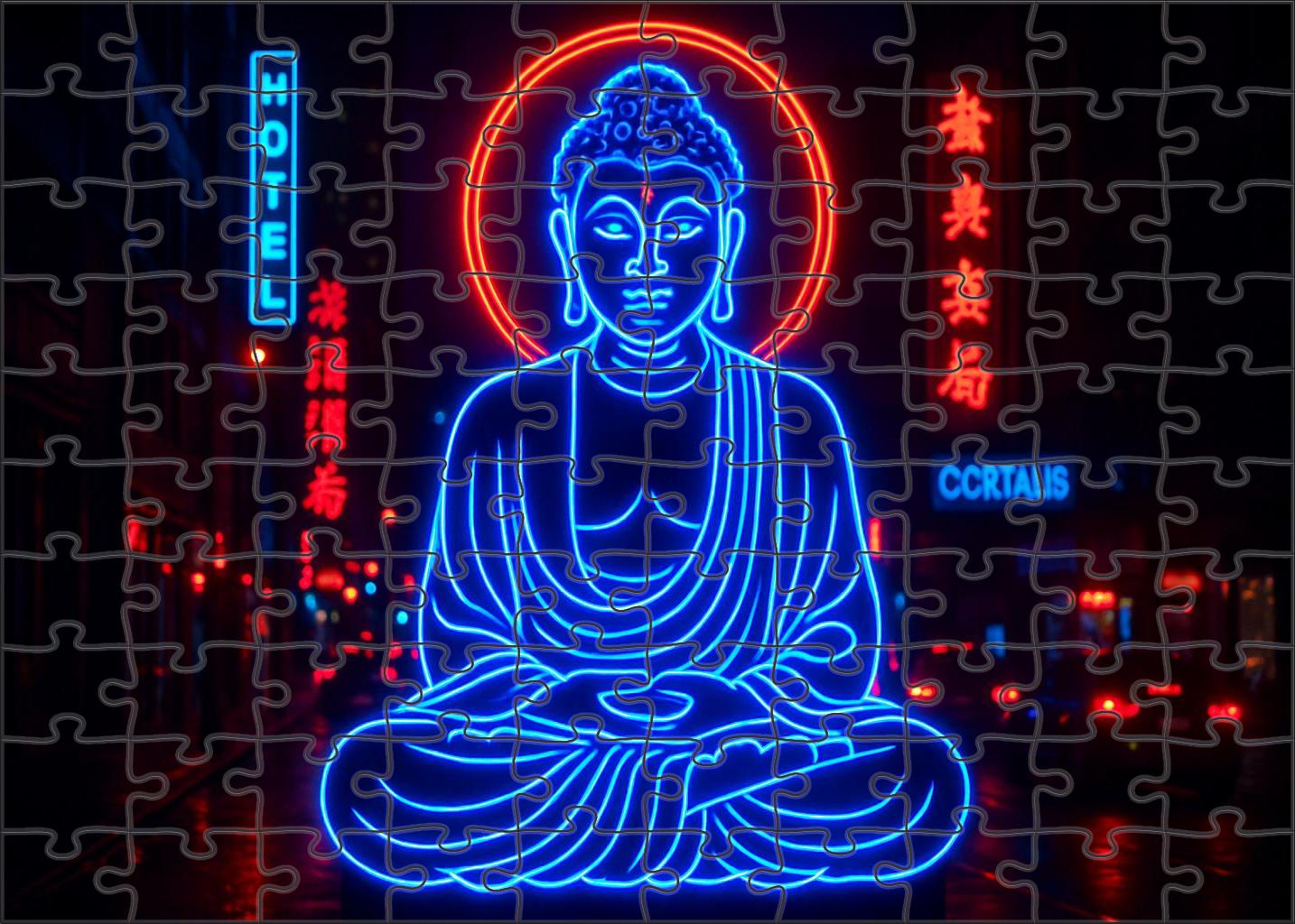 Neon Buddha Statue Bangkok Thailand  Identified By 6712 Globally As A Vibrant Religious Icon Custom Jigsaw Puzzle