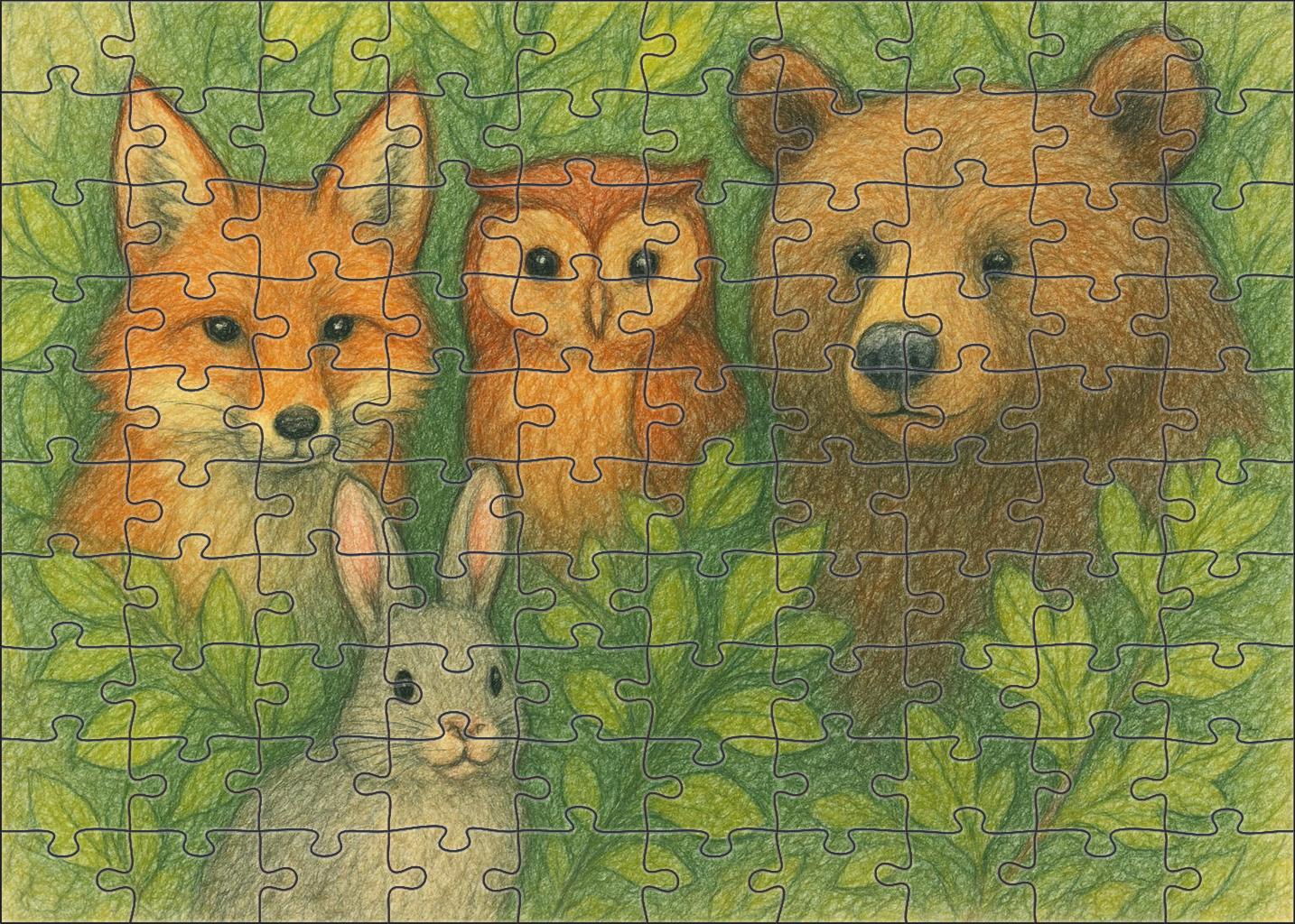 Whimsical Forest Creatures Colored Pencil with Soft Outlines and Textural Hatching Wooden Jigsaw Puzzle puzzle