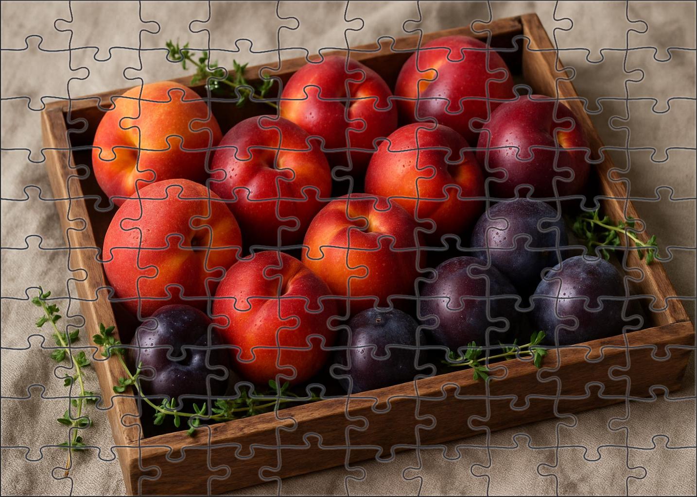 Sunset Orchard Elegance Peaches Plums And Nectarines In A Rustic Display 20 Piece Puzzle