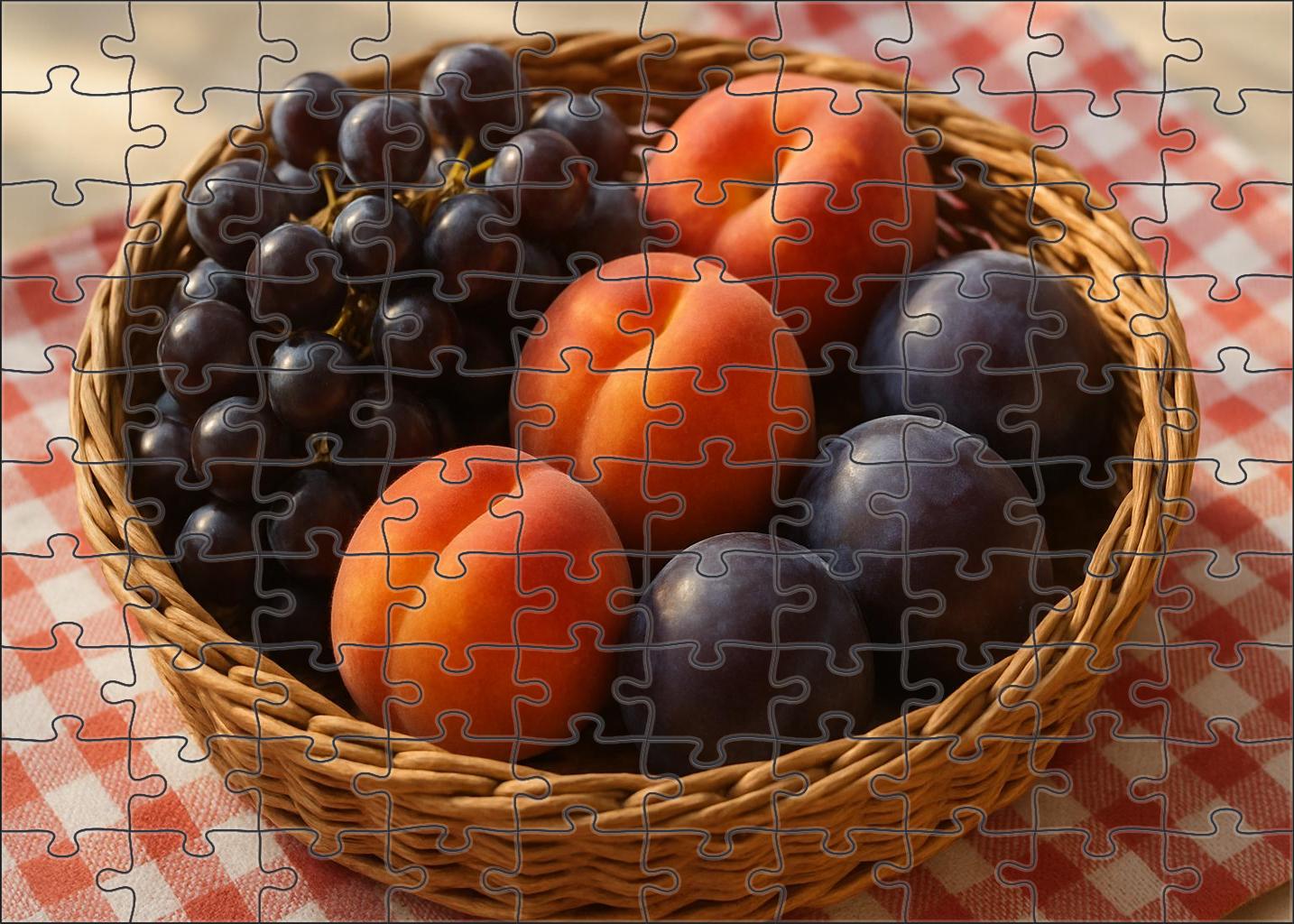 Orchard Harvest Rustic Basket Of Stone Fruits And Grapes Puzzle Challenge