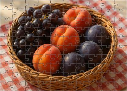 Orchard Harvest Rustic Basket Of Stone Fruits And Grapes Puzzle Challenge