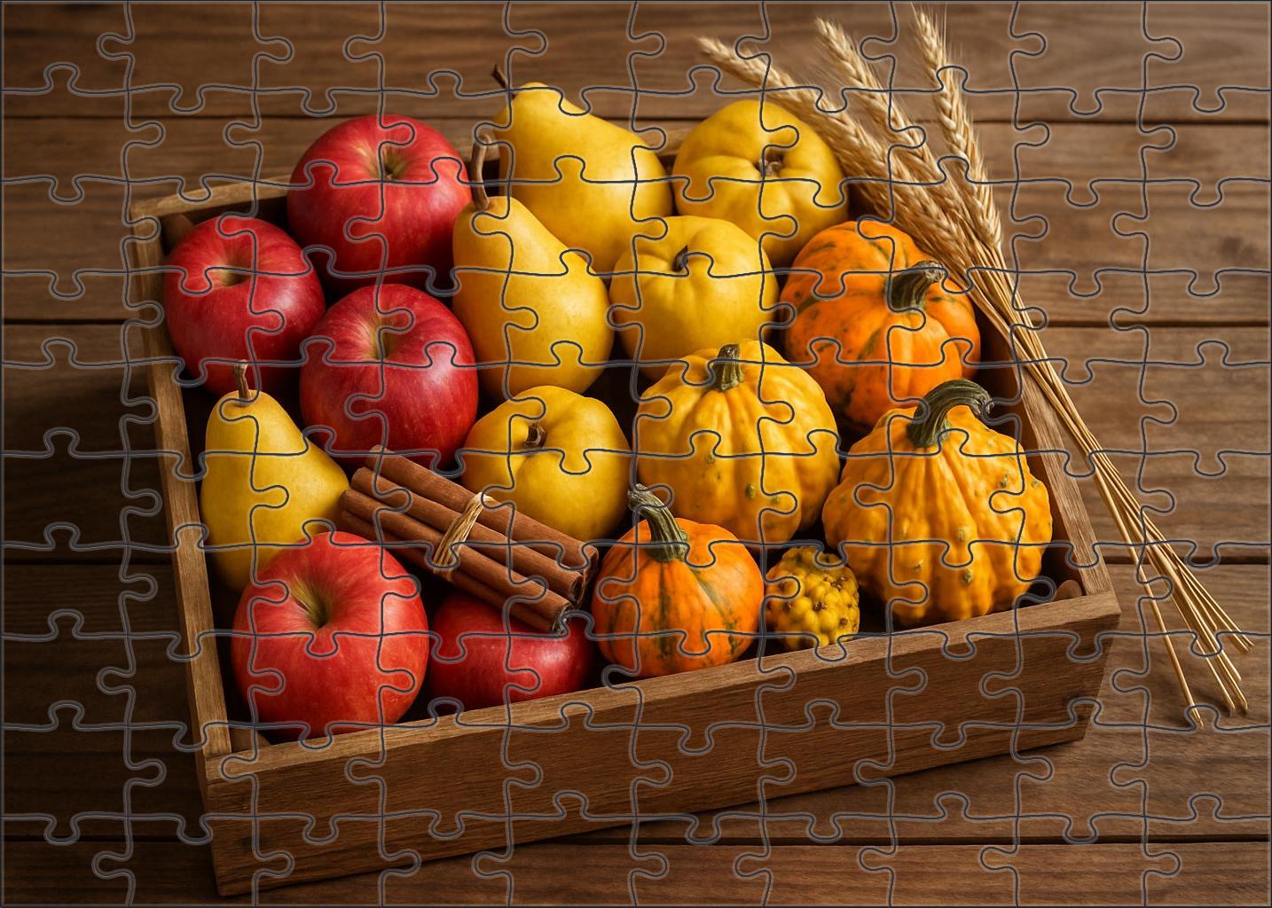 Sunlit Harvest Crate Mixed Autumn Fruits And Squash In Rustic Display Puzzle Challenge