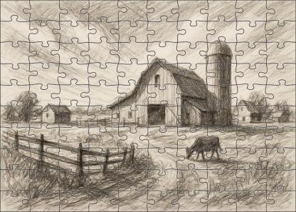 Rustic Farmstead Panorama Loose Pencil And Ink Mixed Media Custom Jigsaw Puzzle