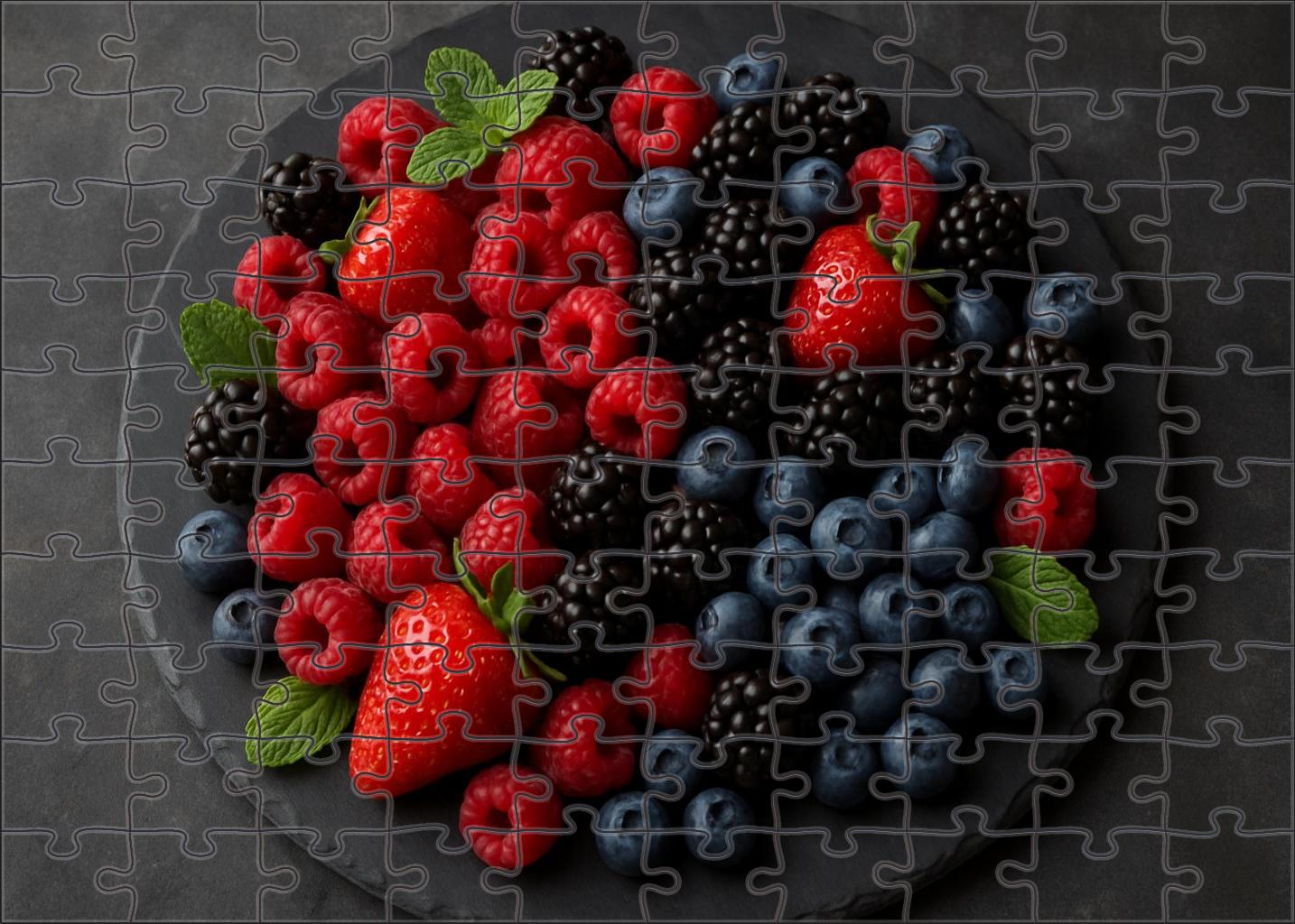 Vibrant Berry Cascade Mixed Red And Blue Berries Over A Slate Platter 20 Piece Puzzle