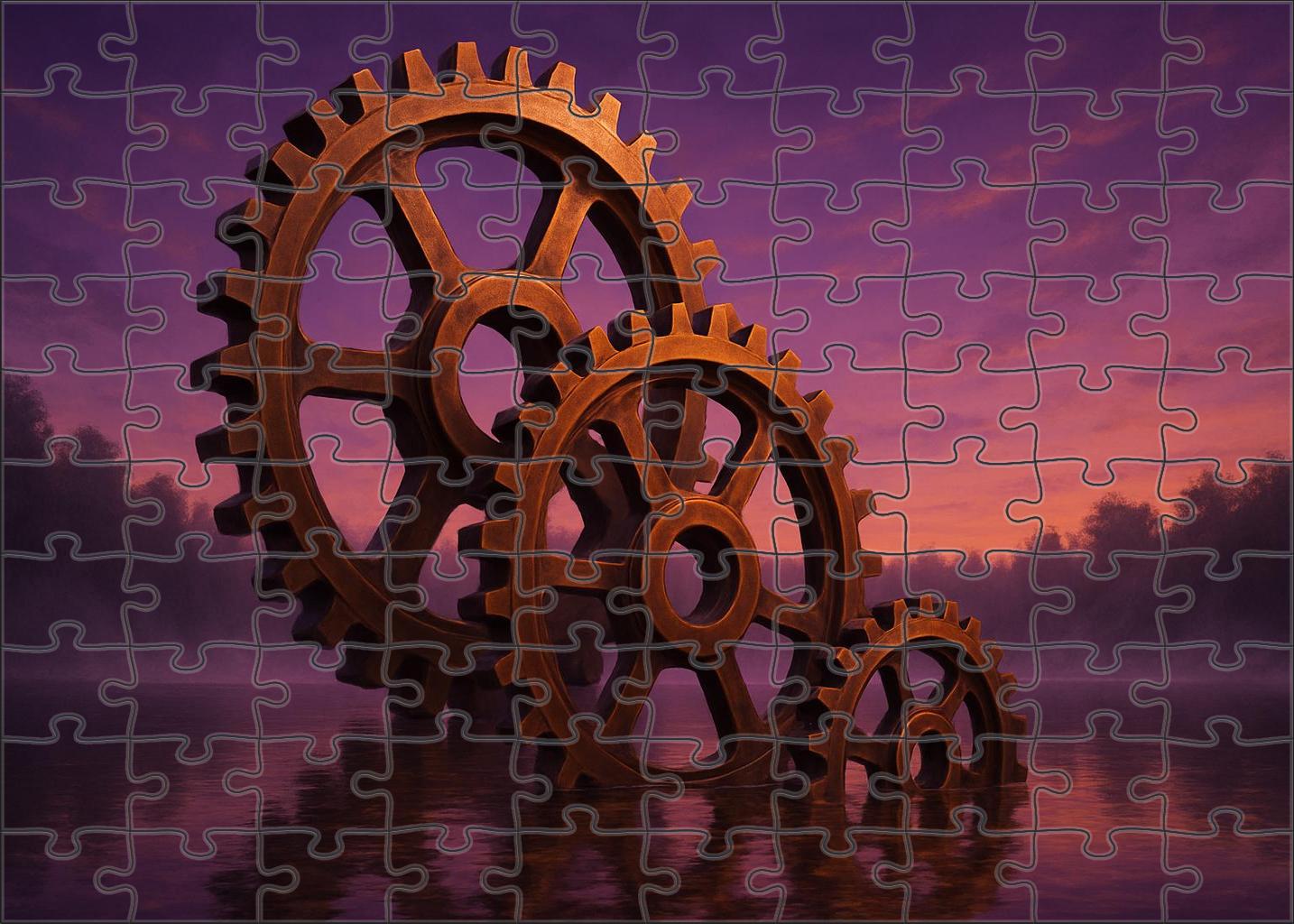Clockwork Serenade Giant Gears Embracing A Twilight Lake Unique Puzzle Design