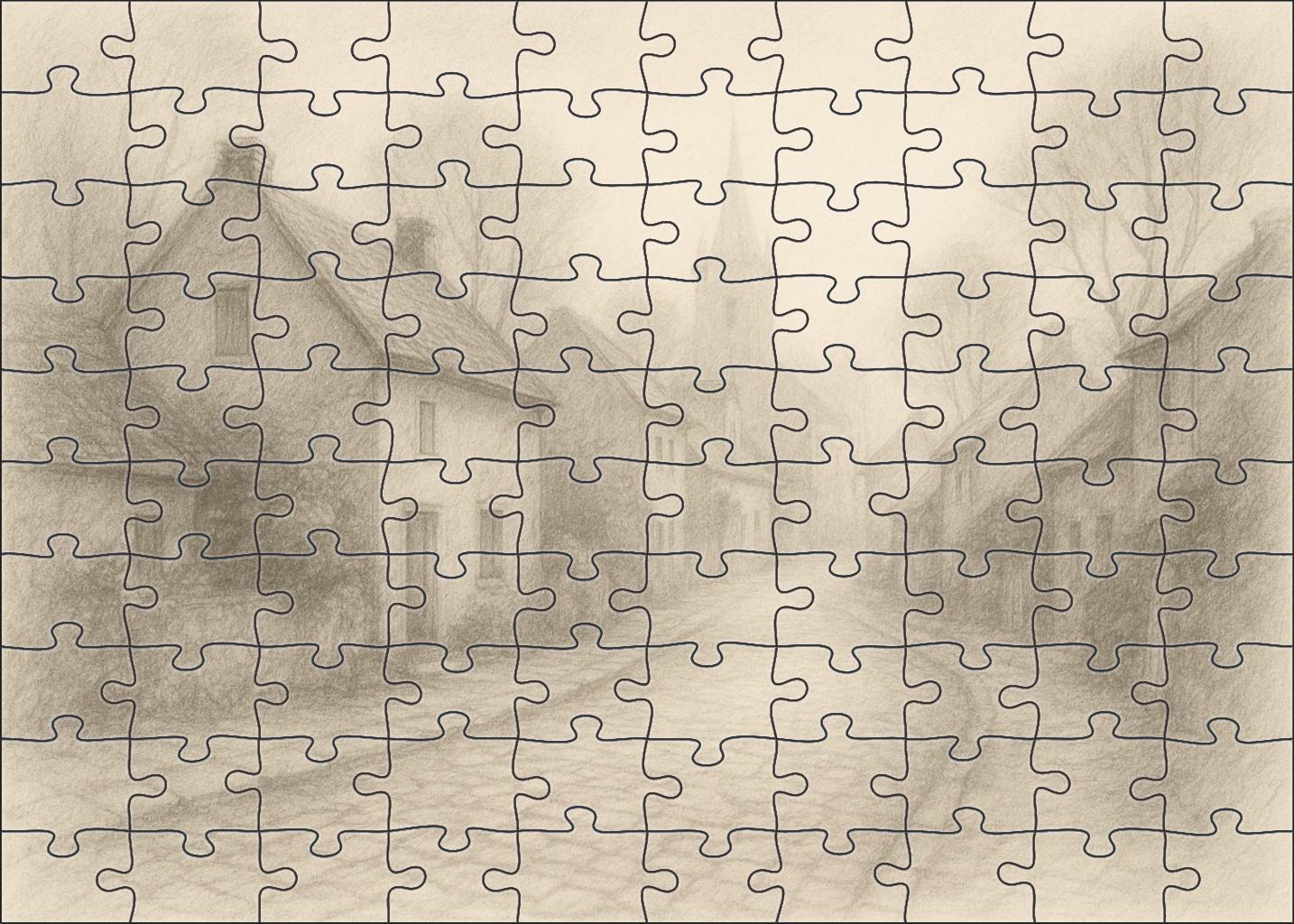 Quiet Village Street Soft Pencil Atmospheric Sketch Premium Puzzle Pieces