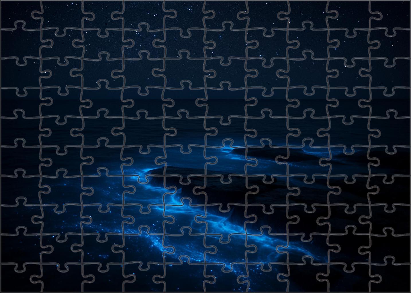 Celestial Bioluminescent Shelf Glowing Blue Waves On A Calm Night Challenging Puzzles