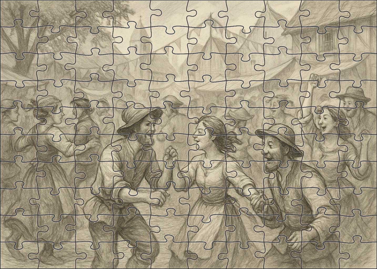 Narrative Village Festival Scene Mixed Pencil And Ink With Animated Character Interaction Mini Puzzle