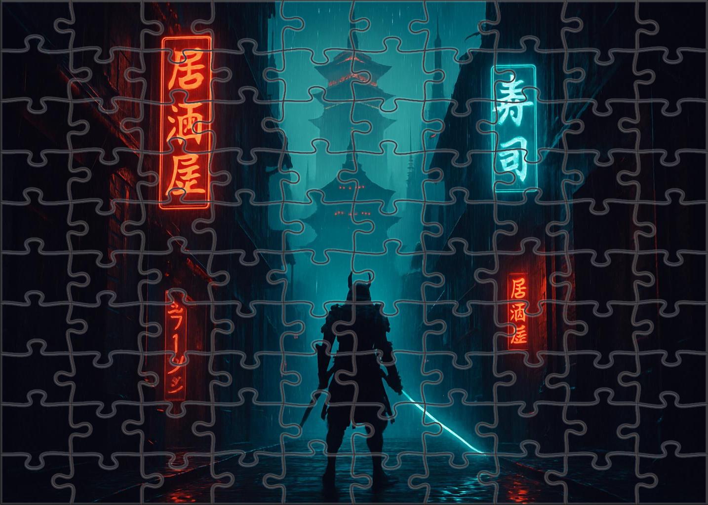 Futuristic Samurai Drama Neon-lit Blade Battles In A Techno-feudal Landscape 20 Piece Puzzle