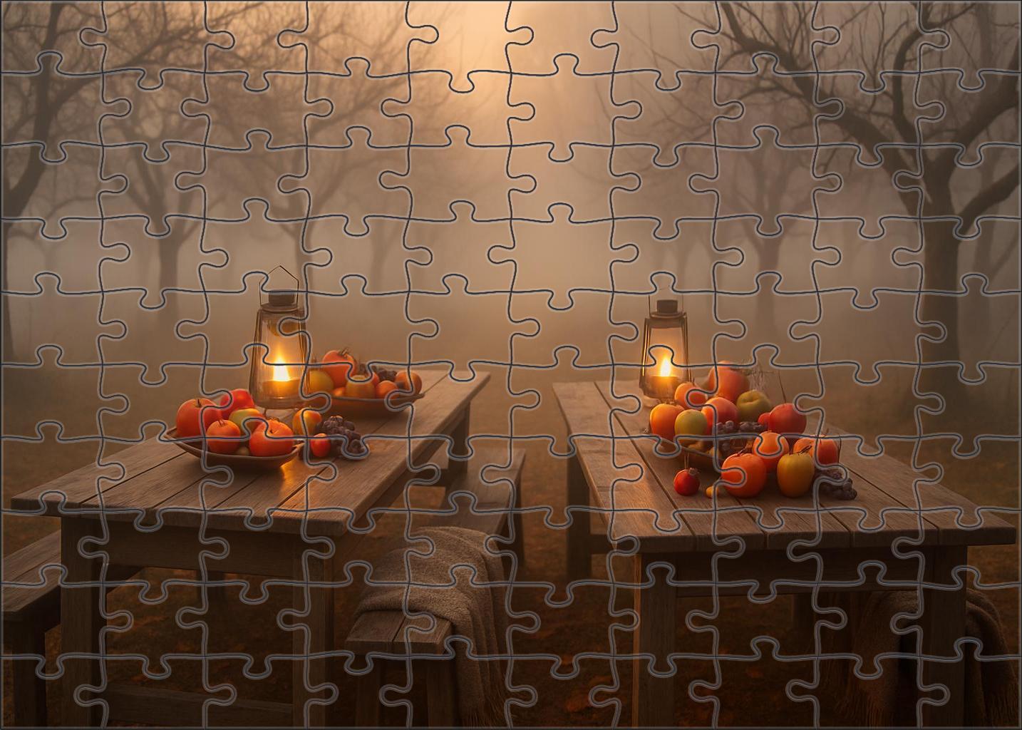 Misty Autumn Orchard Crisp Air And Lantern-lit Harvest Tables 20 Piece Puzzle