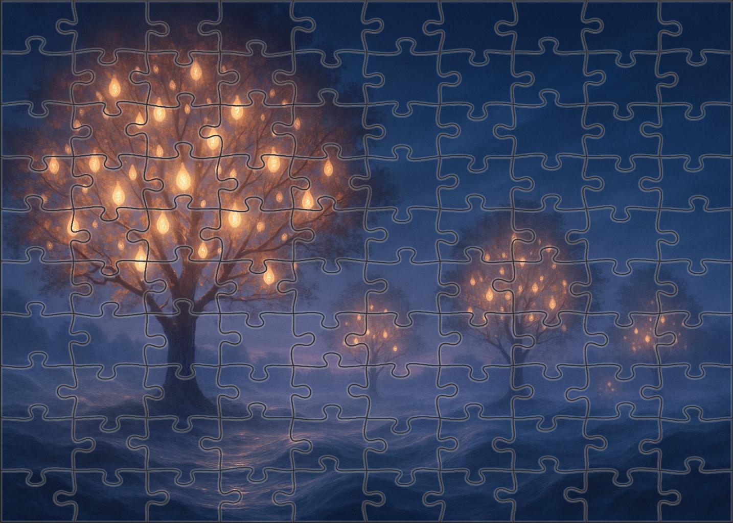 Whispering Lantern Grove Illuminated Trees Murmuring In Twilight Puzzle Fun