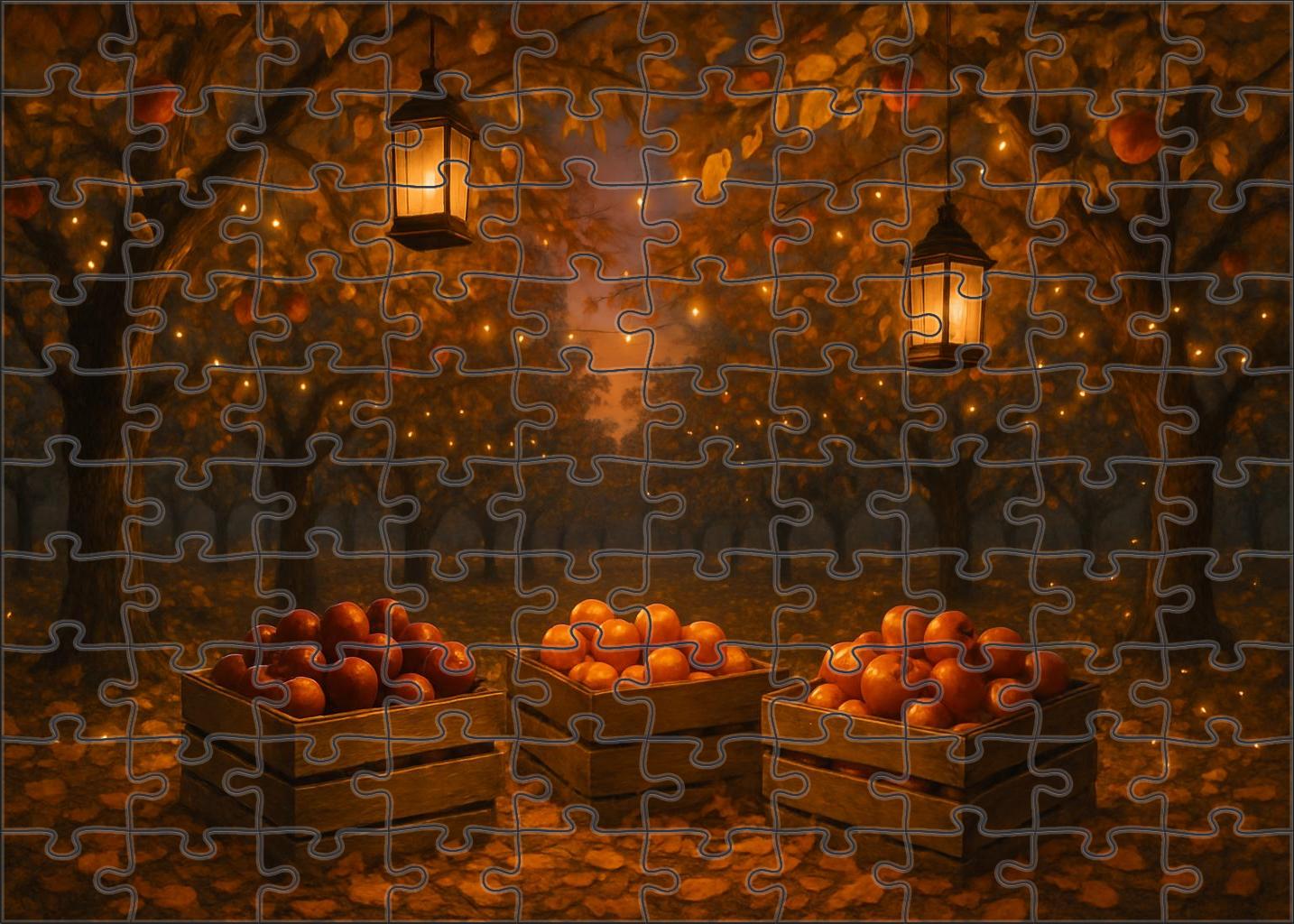 Amber Orchard Twilight Glowing Lanterns Amid Golden Foliage Puzzle Fun