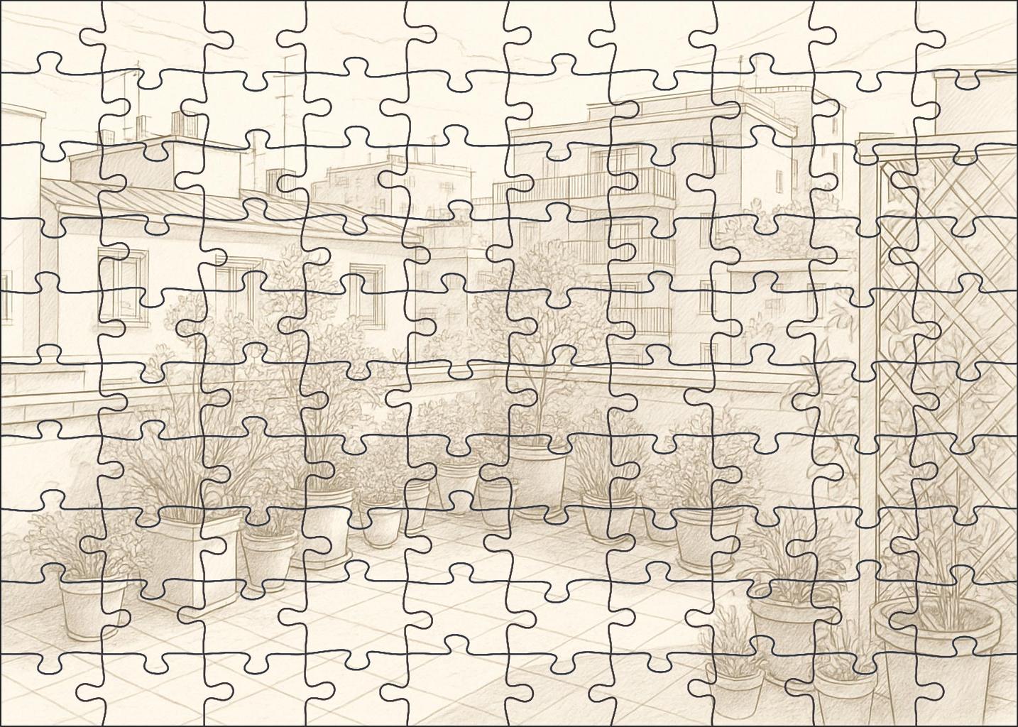 Urban Rooftop Garden Sketch Delicate Ink Lines And Subtle Wash Large Format Puzzle