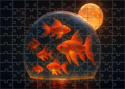 Harvest Moon Aquarium Giant Fishes Swimming Through Amber Night Puzzle Fun