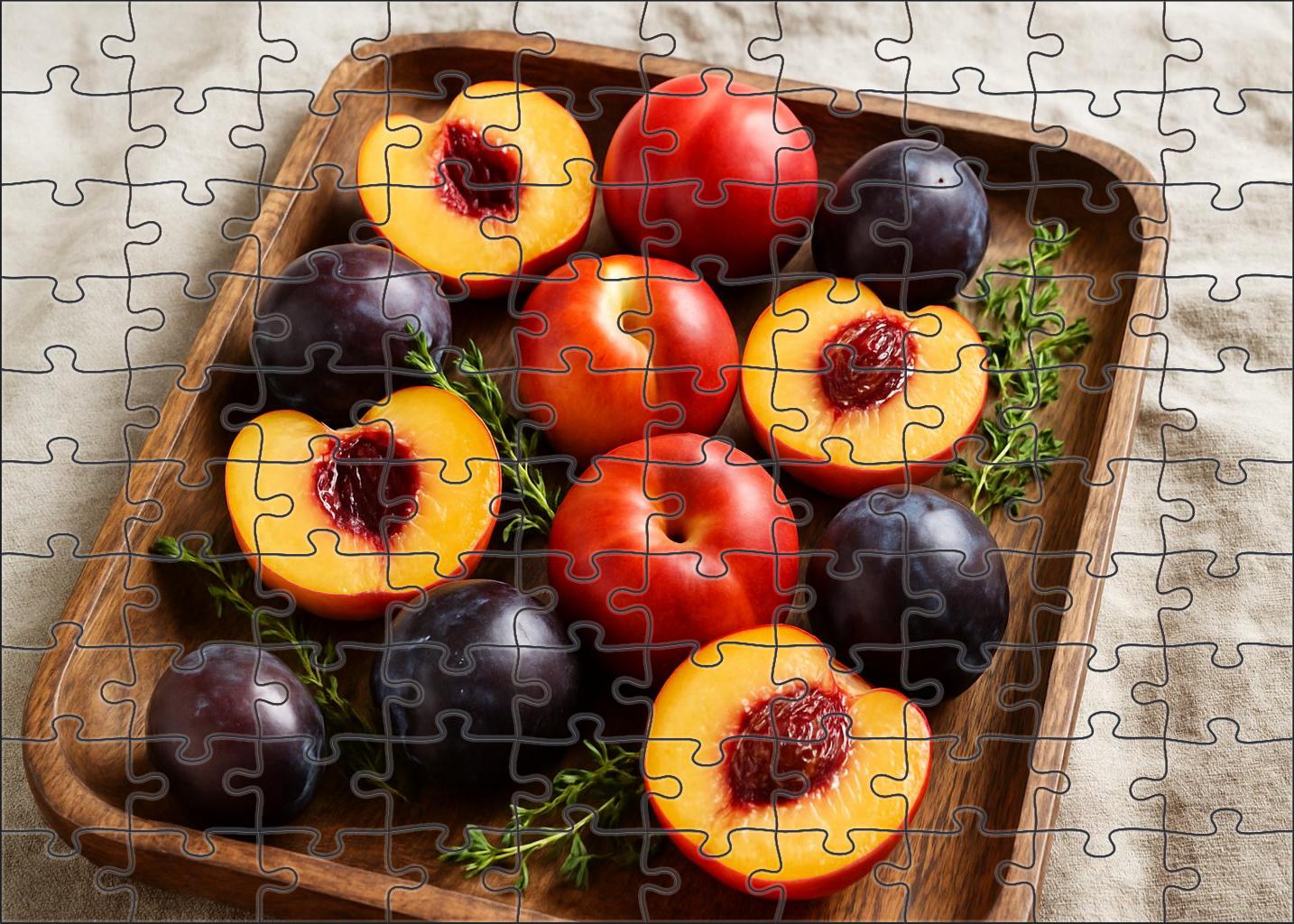 Sunlit Orchard Elegance Mixed Stone Fruits In Handcrafted Wooden Tray Mini Puzzle