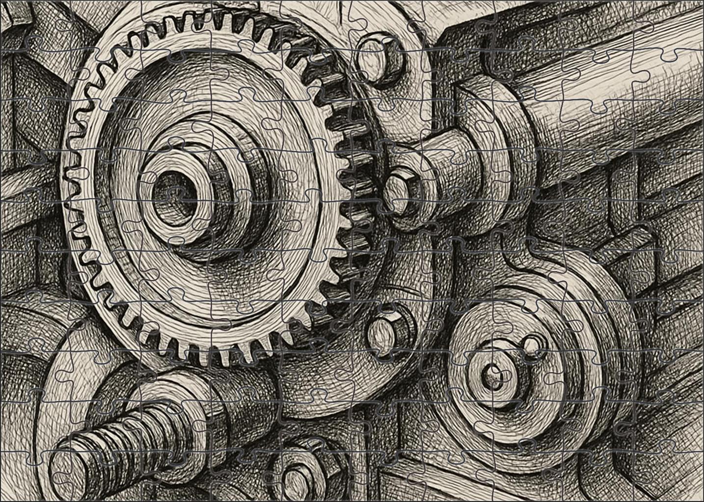 Industrial Machine Detail Precise Technical Pen Drawing With Crosshatch Large Format Puzzle