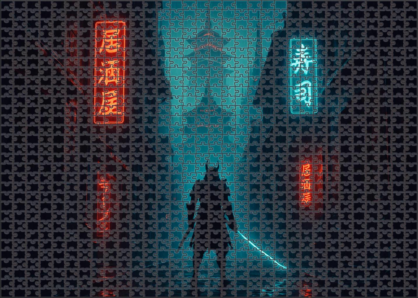 Futuristic Samurai Drama Neon-lit Blade Battles In A Techno-feudal Landscape 20 Piece Puzzle