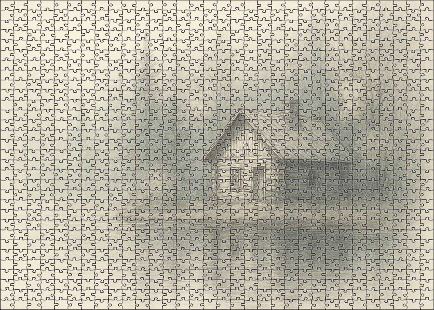 Serene Lakeside Cabin Rendering Watercolor Pencil With Light Pen Detail Large Format Puzzle