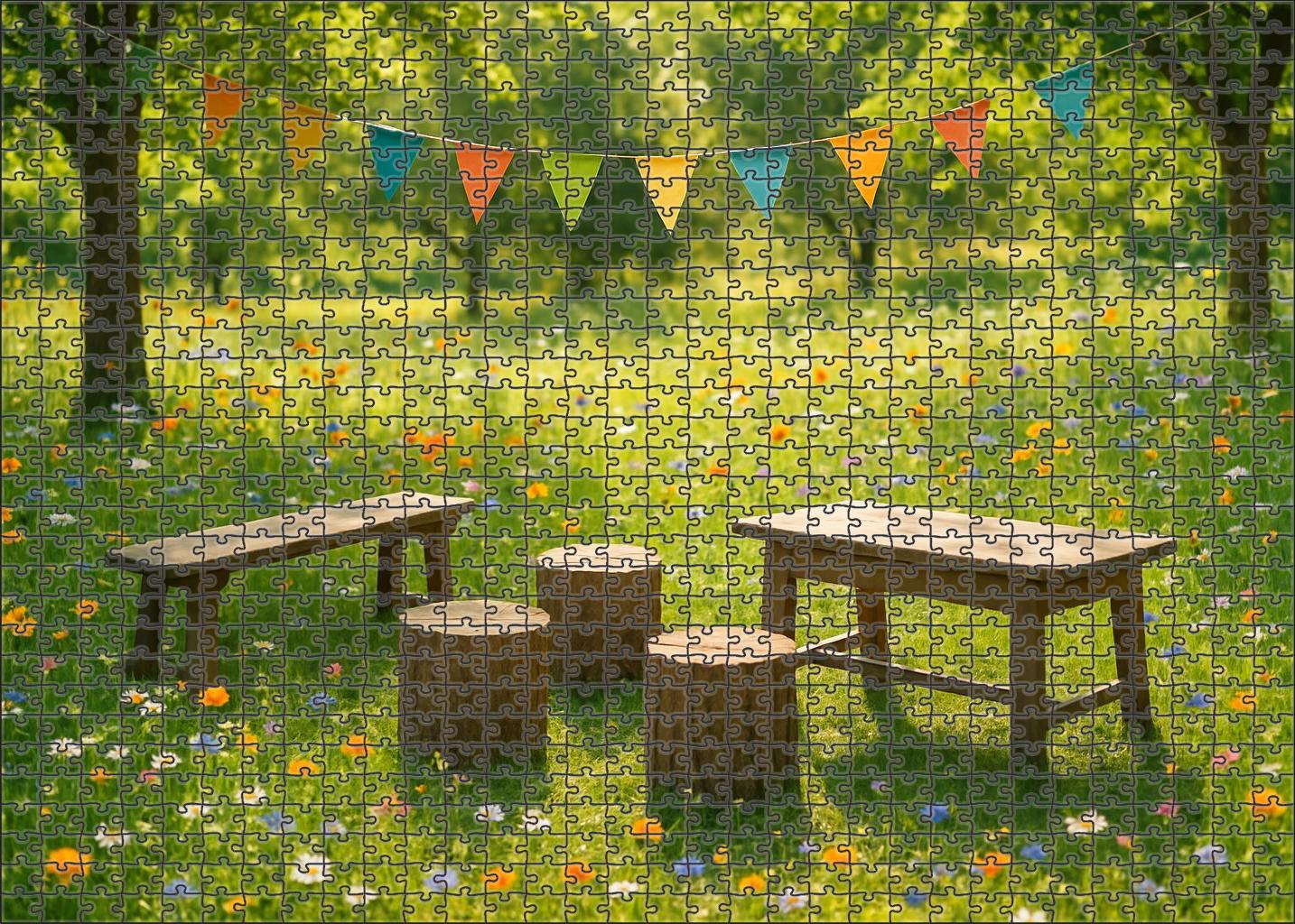 Vibrant Spring Meadow Gathering Wildflowers And Colorful Bunting 100 Piece Puzzle