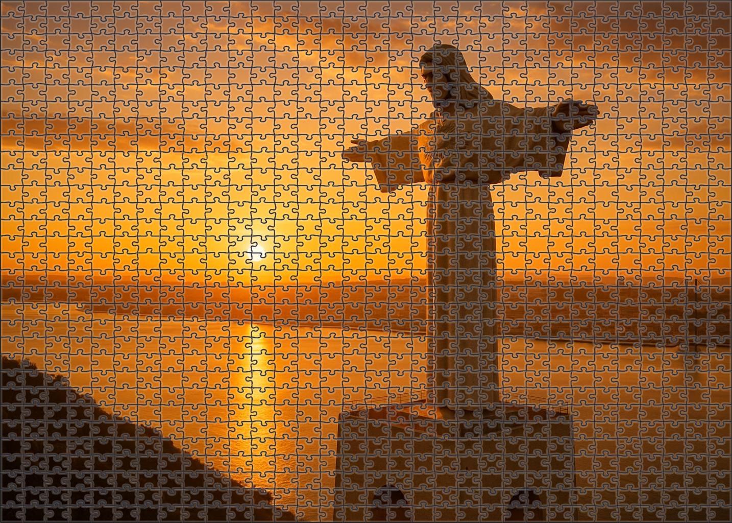 Christ the King Statue Overlooking Lisbon Portugal recognized by 6033 globally as a monumental symbol of faith and panoramic city views Wooden Jigsaw Puzzle puzzle