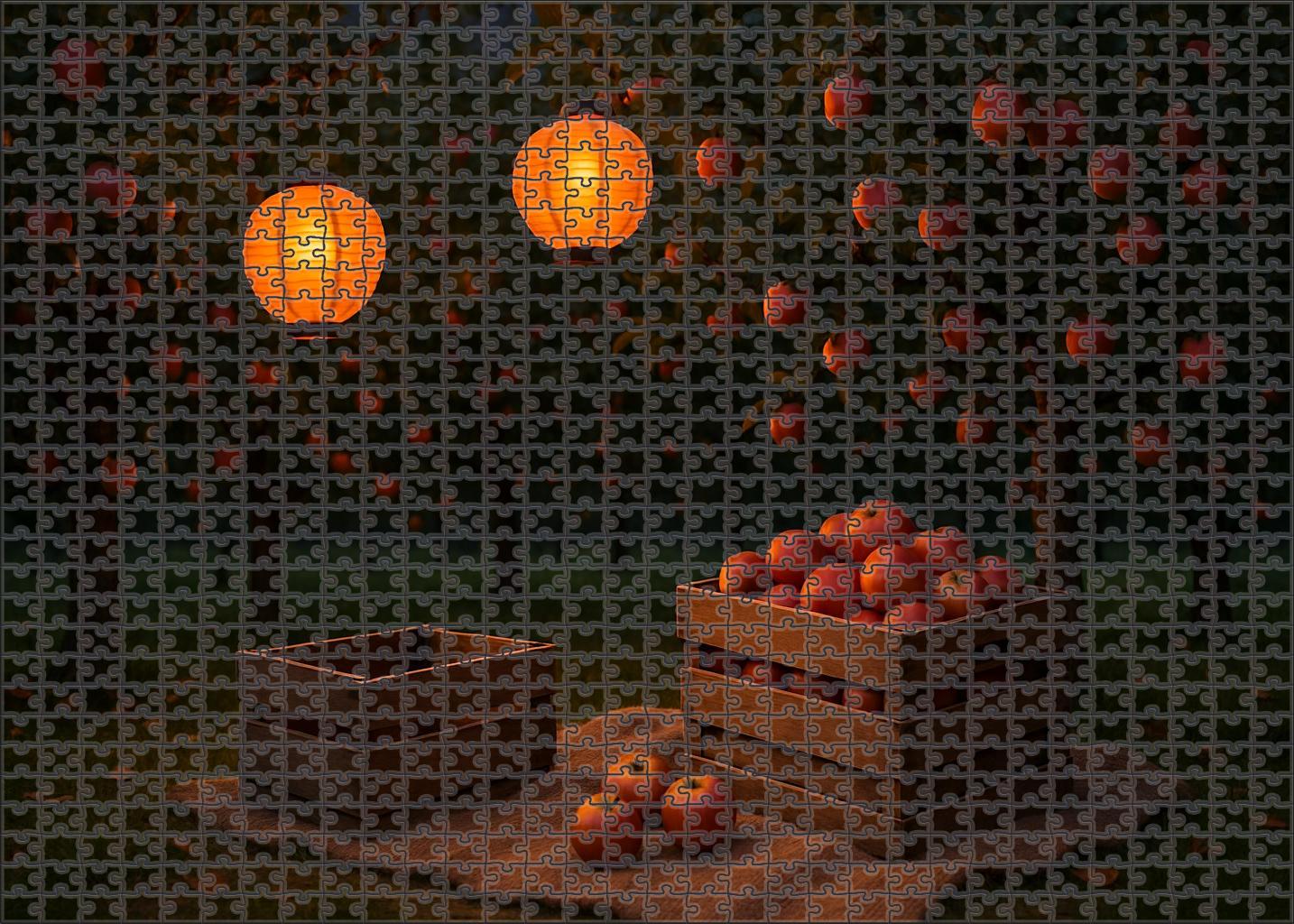 Amber Twilight Orchard Golden Fruits And Lanterns Among Autumn Trees 100 Piece Puzzle