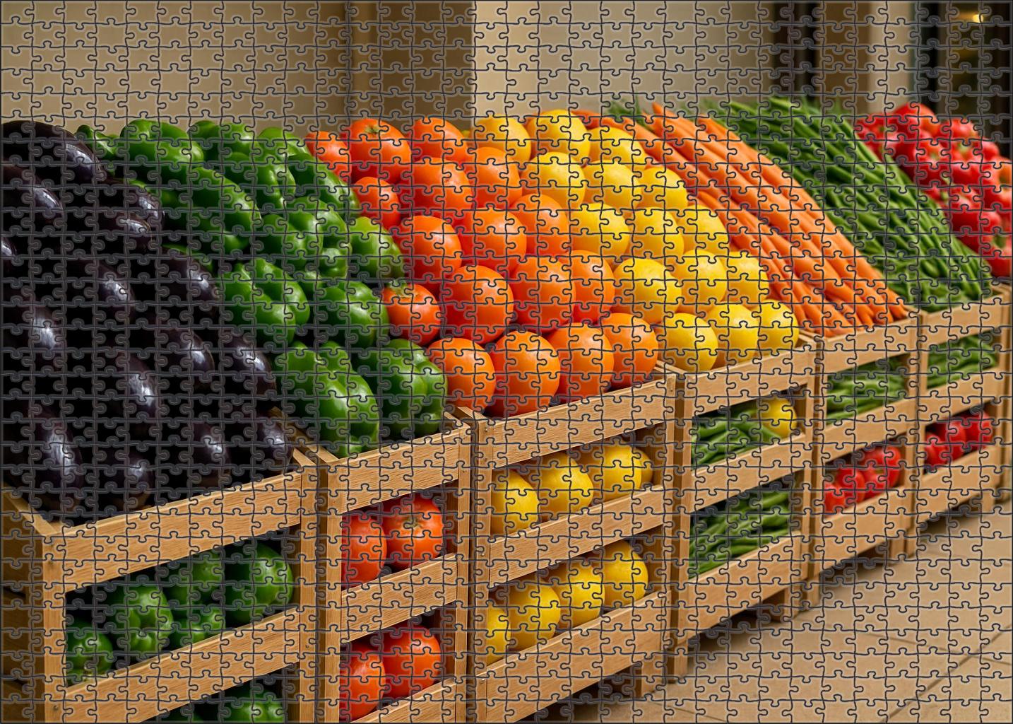 Fresh Market Row Vibrant Fruits And Vegetables Arranged In Color-blocked Crates 1000 Piece Puzzle