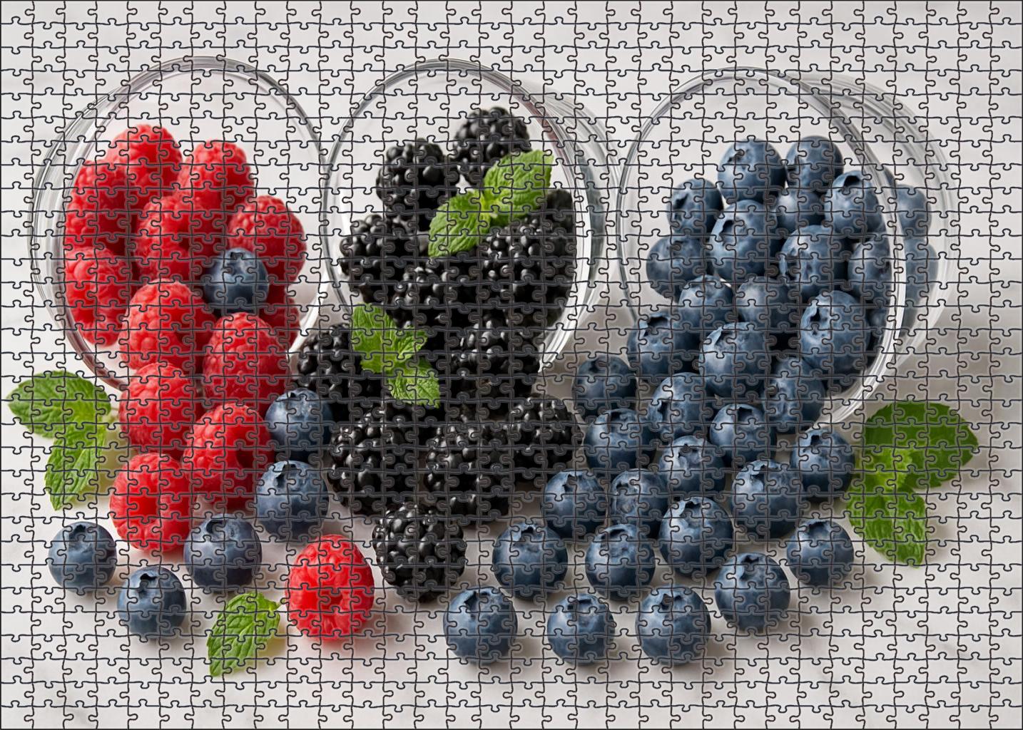 Berry Cascade Overflowing Glass Bowls Of Raspberries Blackberries And Blueberries Premium Puzzle Pieces