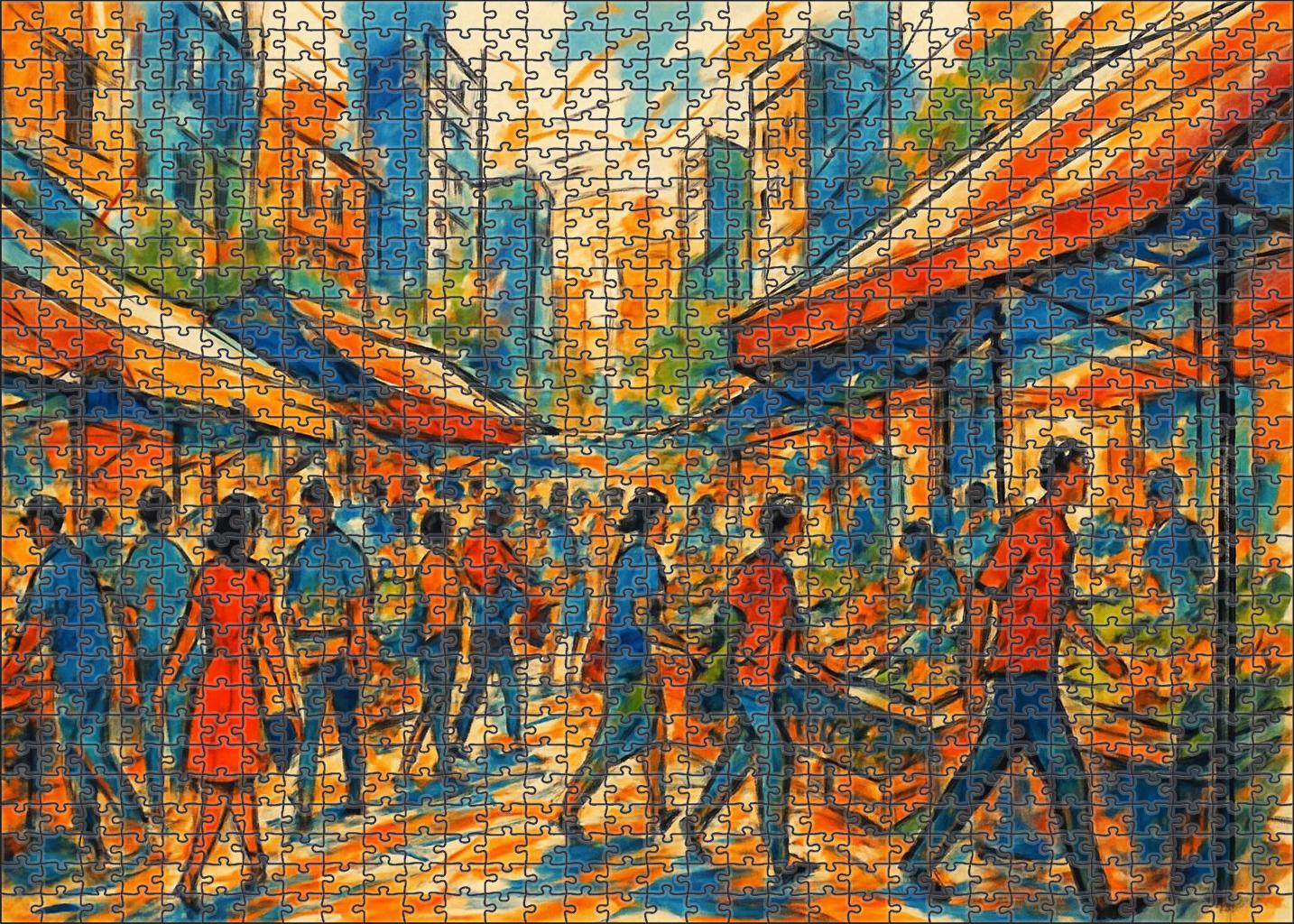 Energetic City Market Loose Ink And Watercolor Sketch Puzzle Challenge