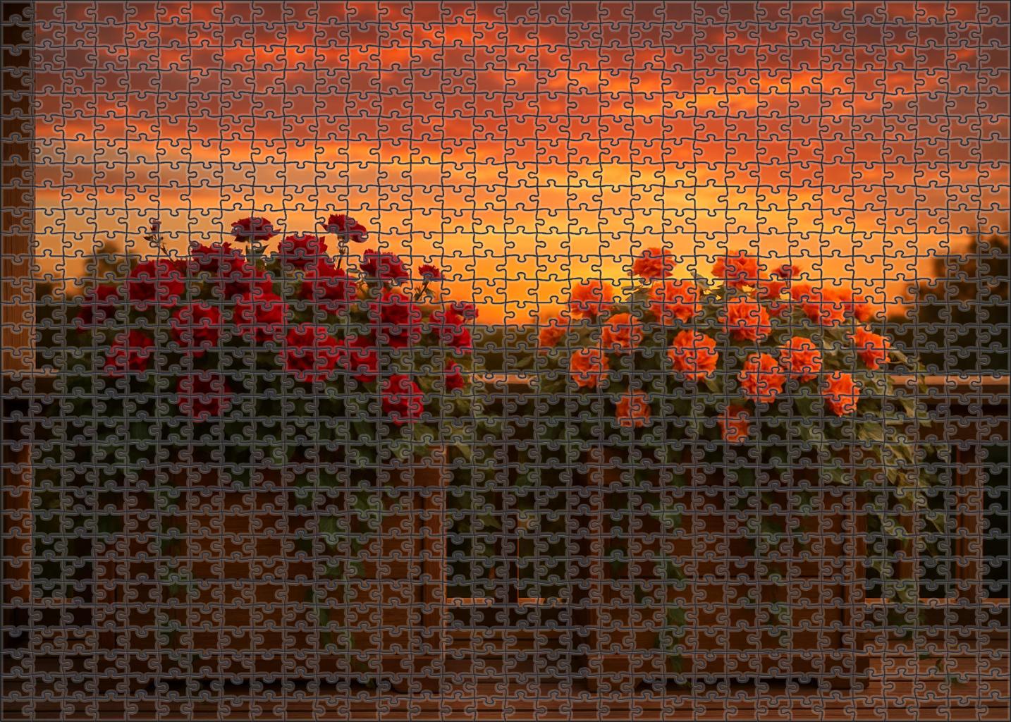 Sunset Veranda Planters Deep Red And Warm Orange Blooms With Cascading Greenery 50 Piece Puzzle