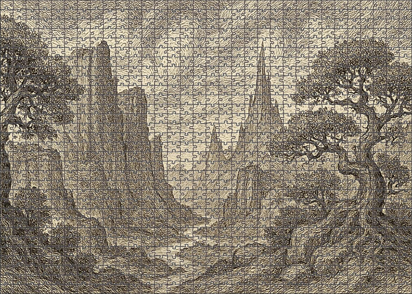 Mythical Landscape Panorama Pen And Ink With Detailed Textural Patterns Large Format Puzzle