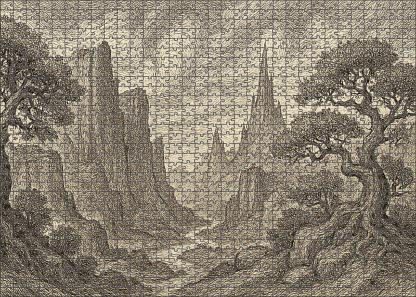 Mythical Landscape Panorama Pen And Ink With Detailed Textural Patterns Large Format Puzzle