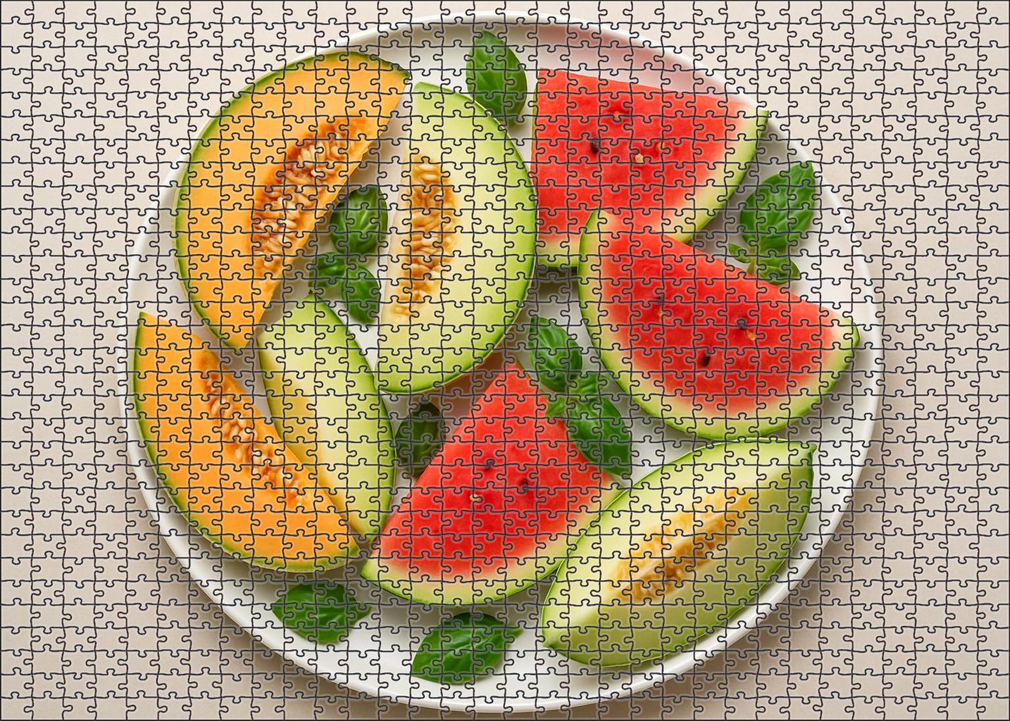 Melon Melody A Symphony Of Cantaloupe Honeydew And Watermelon Slices With Basil Garnish 1000 Piece Puzzle