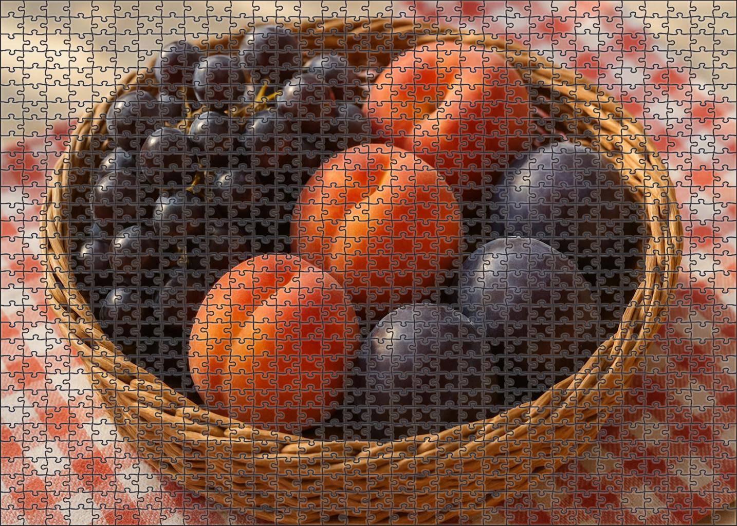 Orchard Harvest Rustic Basket Of Stone Fruits And Grapes Puzzle Challenge