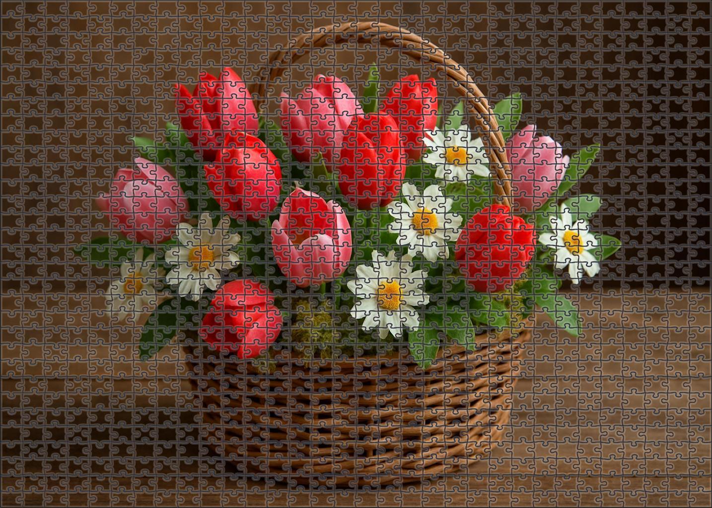 Springtime Harvest Basket Vibrant Mix Of Tulip-like And Daisy-style Blooms 50 Piece Puzzle