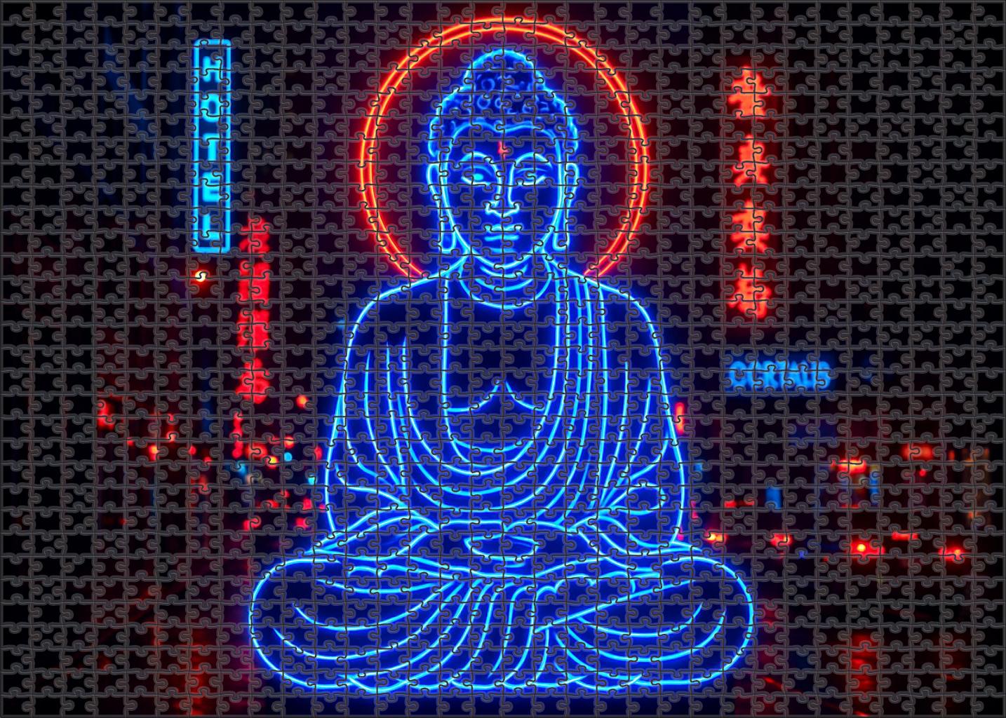 Neon Buddha Statue Bangkok Thailand  Identified By 6712 Globally As A Vibrant Religious Icon Custom Jigsaw Puzzle