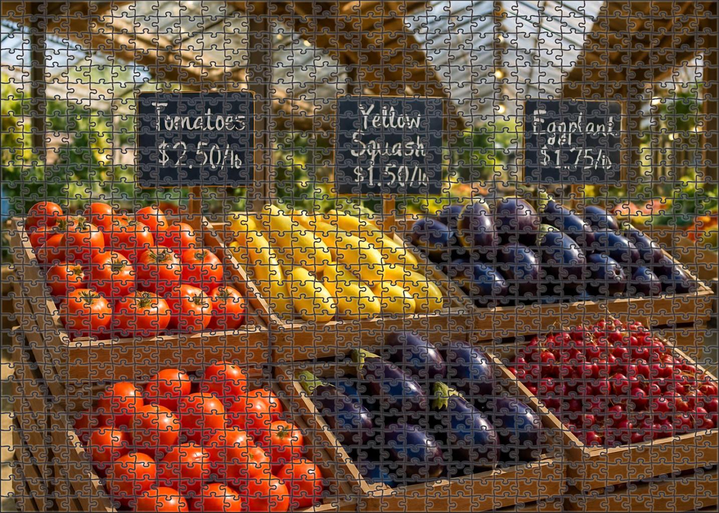 Sunlit Farmers Market Aisle Rows Of Colorful Seasonal Produce In Wooden Crates 20 Piece Puzzle