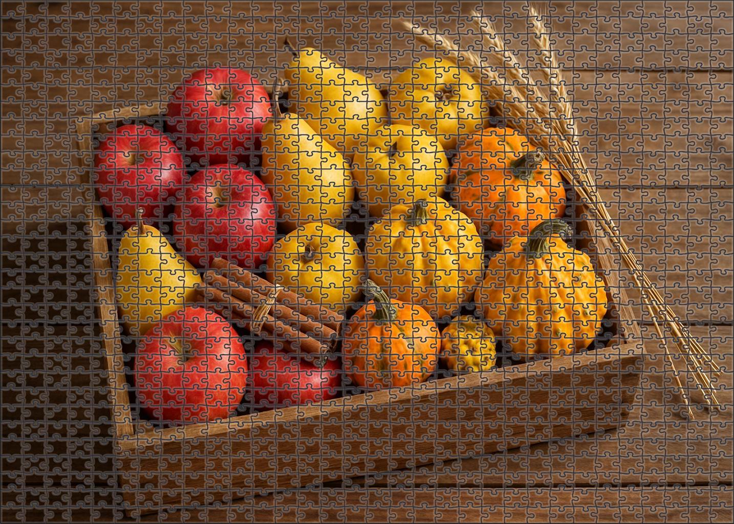 Sunlit Harvest Crate Mixed Autumn Fruits And Squash In Rustic Display Puzzle Challenge