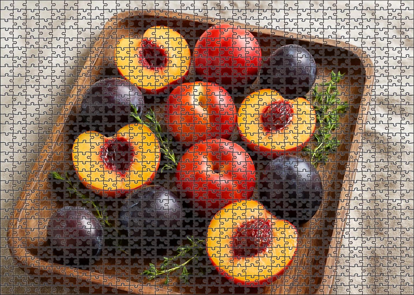 Sunlit Orchard Elegance Mixed Stone Fruits In Handcrafted Wooden Tray Mini Puzzle