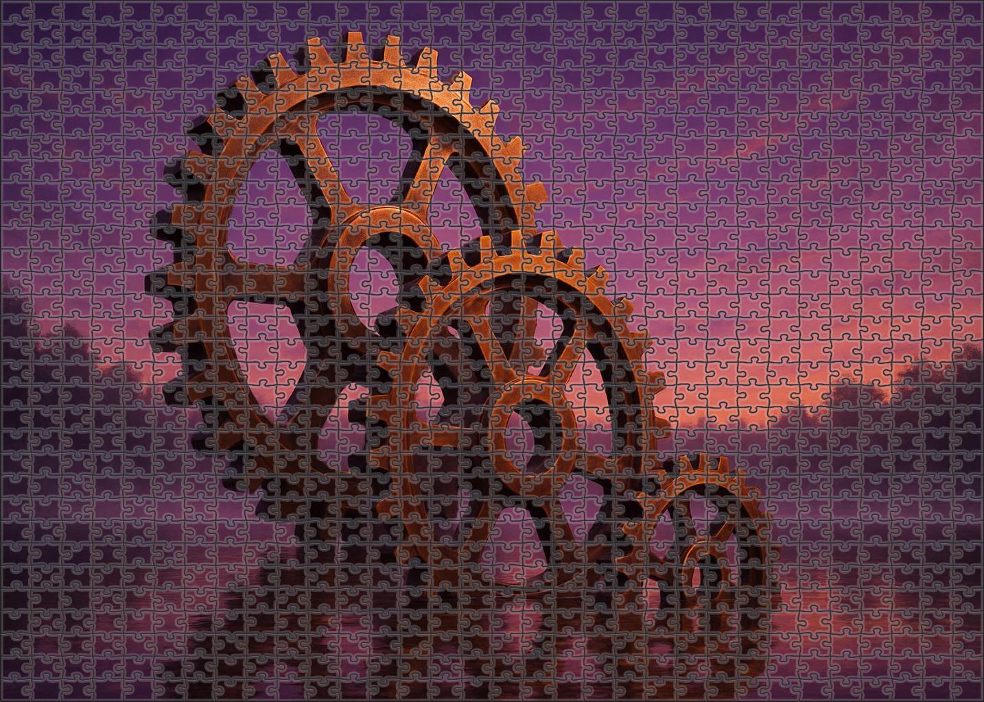 Clockwork Serenade Giant Gears Embracing A Twilight Lake Unique Puzzle Design