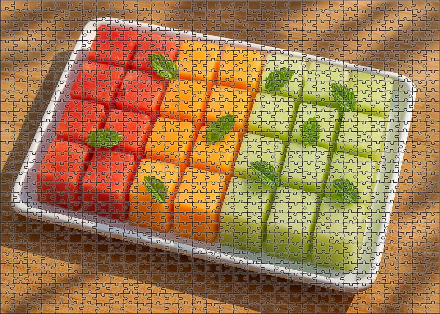 Sunset Melon Medley Watermelon Cantaloupe And Honeydew Cubes With Mint Premium Puzzle Pieces