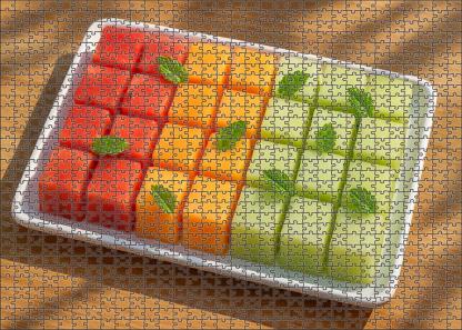 Sunset Melon Medley Watermelon Cantaloupe And Honeydew Cubes With Mint Premium Puzzle Pieces