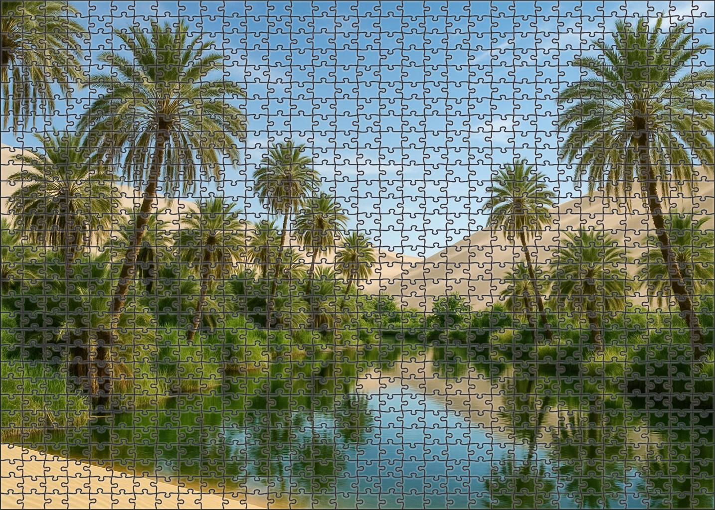 Emerald Oasis Glimmer Verdant Life Amid Soft Sand Waves Puzzle For Kids