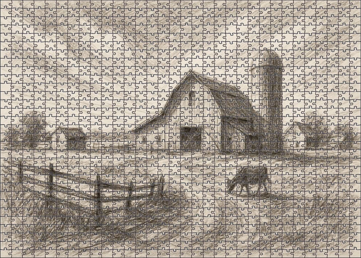 Rustic Farmstead Panorama Loose Pencil And Ink Mixed Media Custom Jigsaw Puzzle