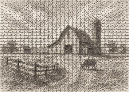 Rustic Farmstead Panorama Loose Pencil And Ink Mixed Media Custom Jigsaw Puzzle