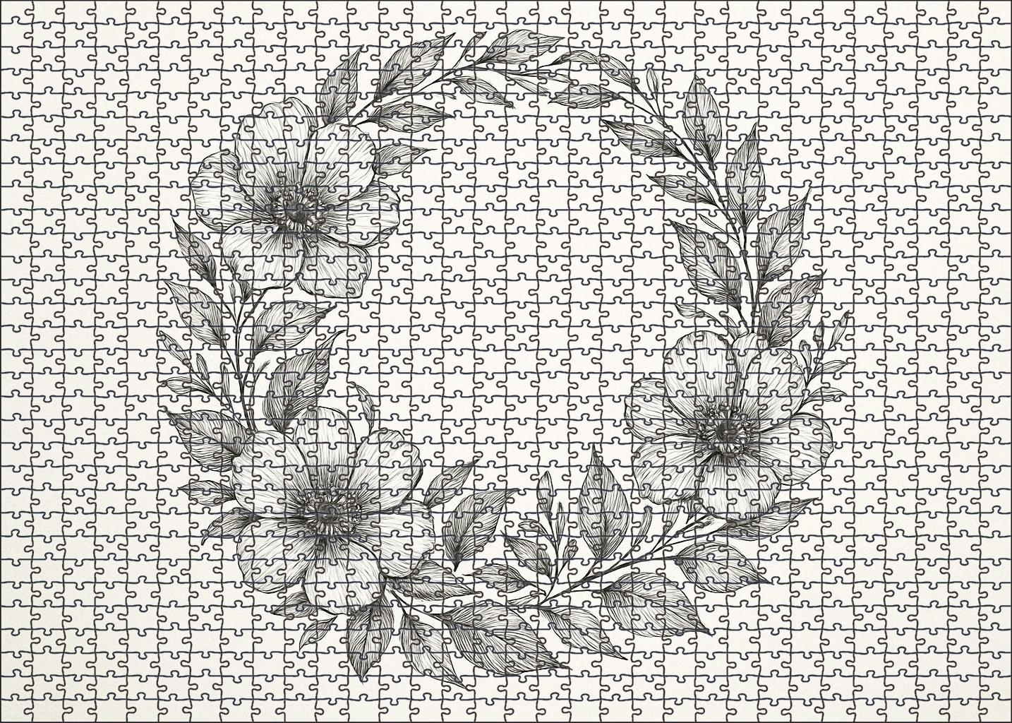 Delicate Floral Wreath Fine Ink Pen With Intricate Curvilinear Details Large Format Puzzle