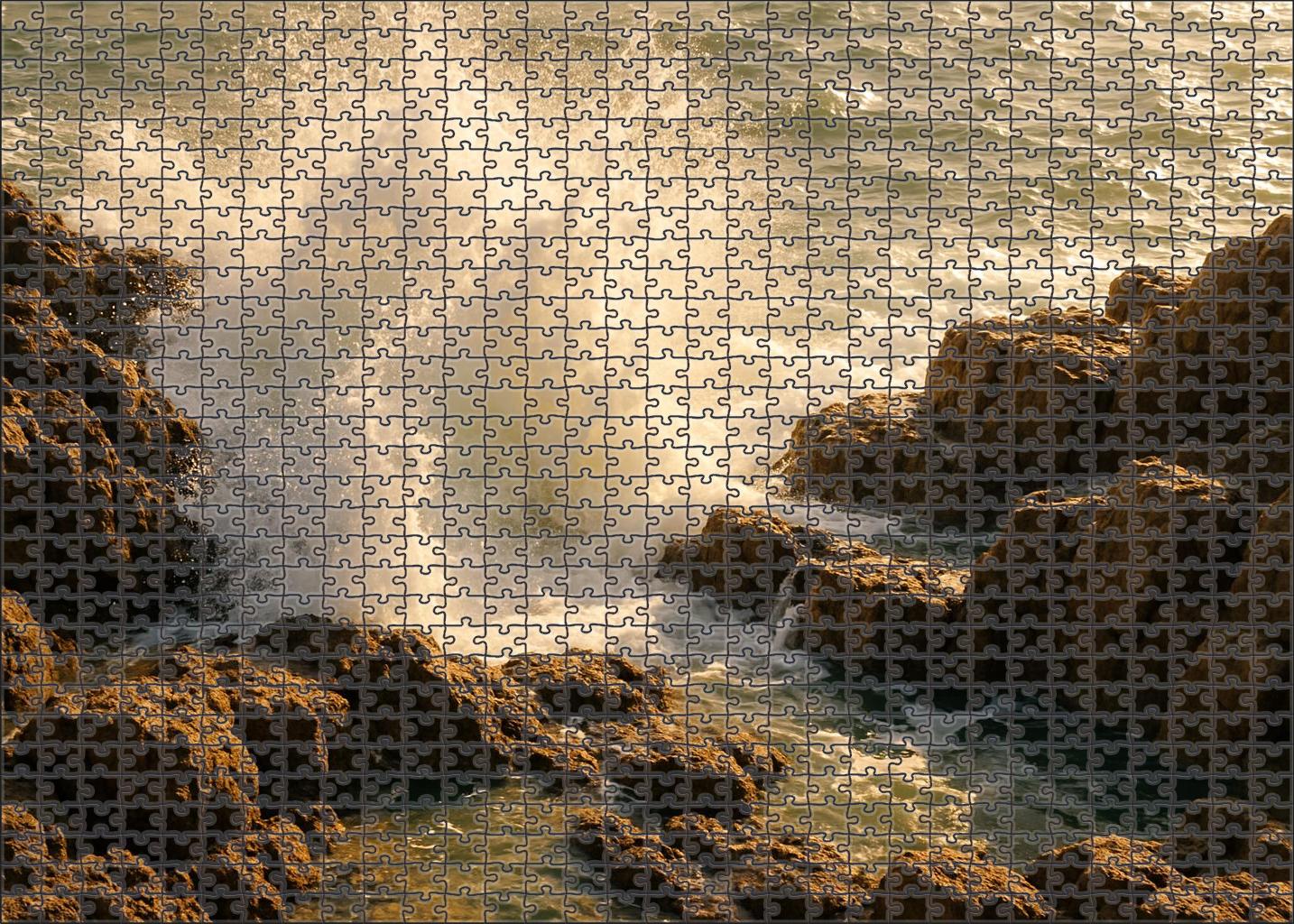 Silver Spray Shoreline Crashing Waves Over Jagged Rocky Ledges 50 Piece Puzzle