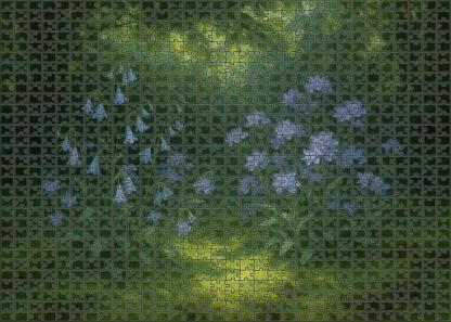 Mist Garden Niche Soft Blue And Lavender Blooms Nestled In Mossy Ground Cover Puzzle For Kids