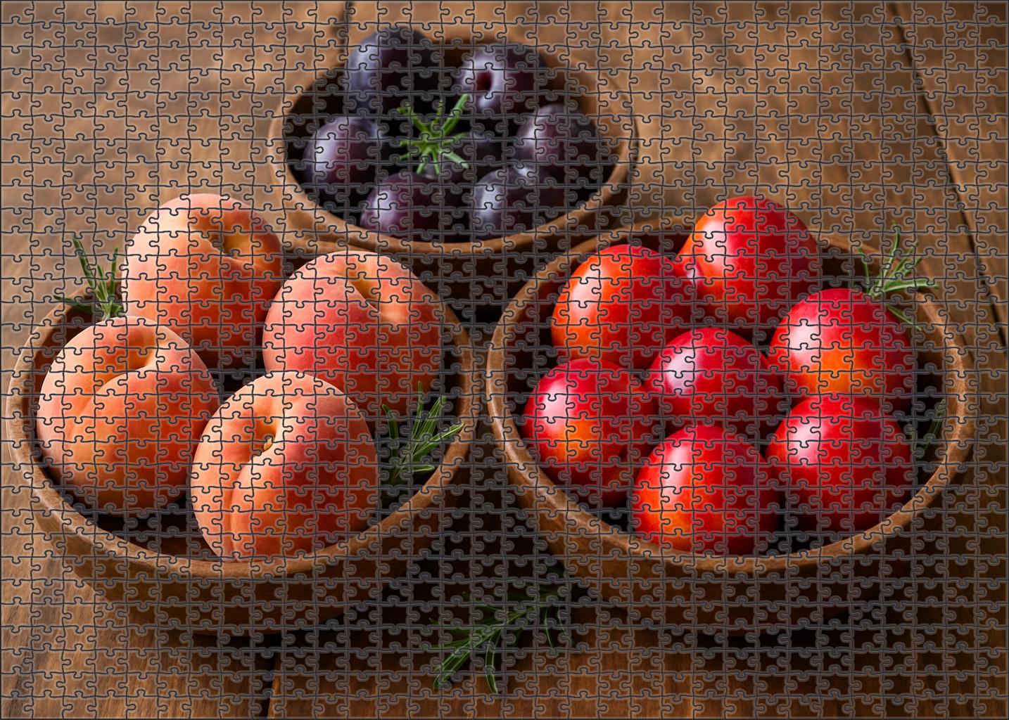 Stone Fruit Serenade Peaches Nectarines And Plums In Rustic Wooden Bowls Premium Puzzle Pieces