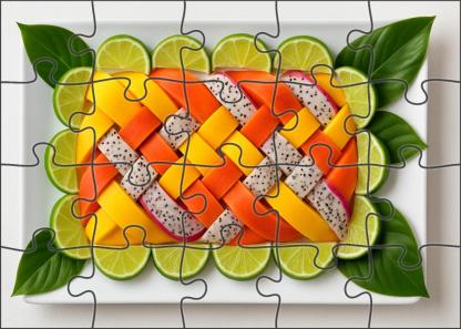 Tropical Ribbon Weave Mango Papaya And Dragon Fruit Slices 20 Piece Puzzle